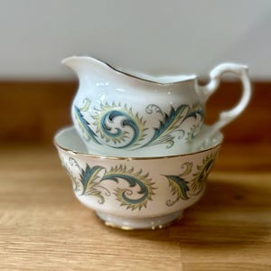 ROYAL STANDARD Vintage l Milk Jug / Creamer & Sugar Bowl l ‘Garland’ featuring blue and yellow scrolls and leaves l Bone China