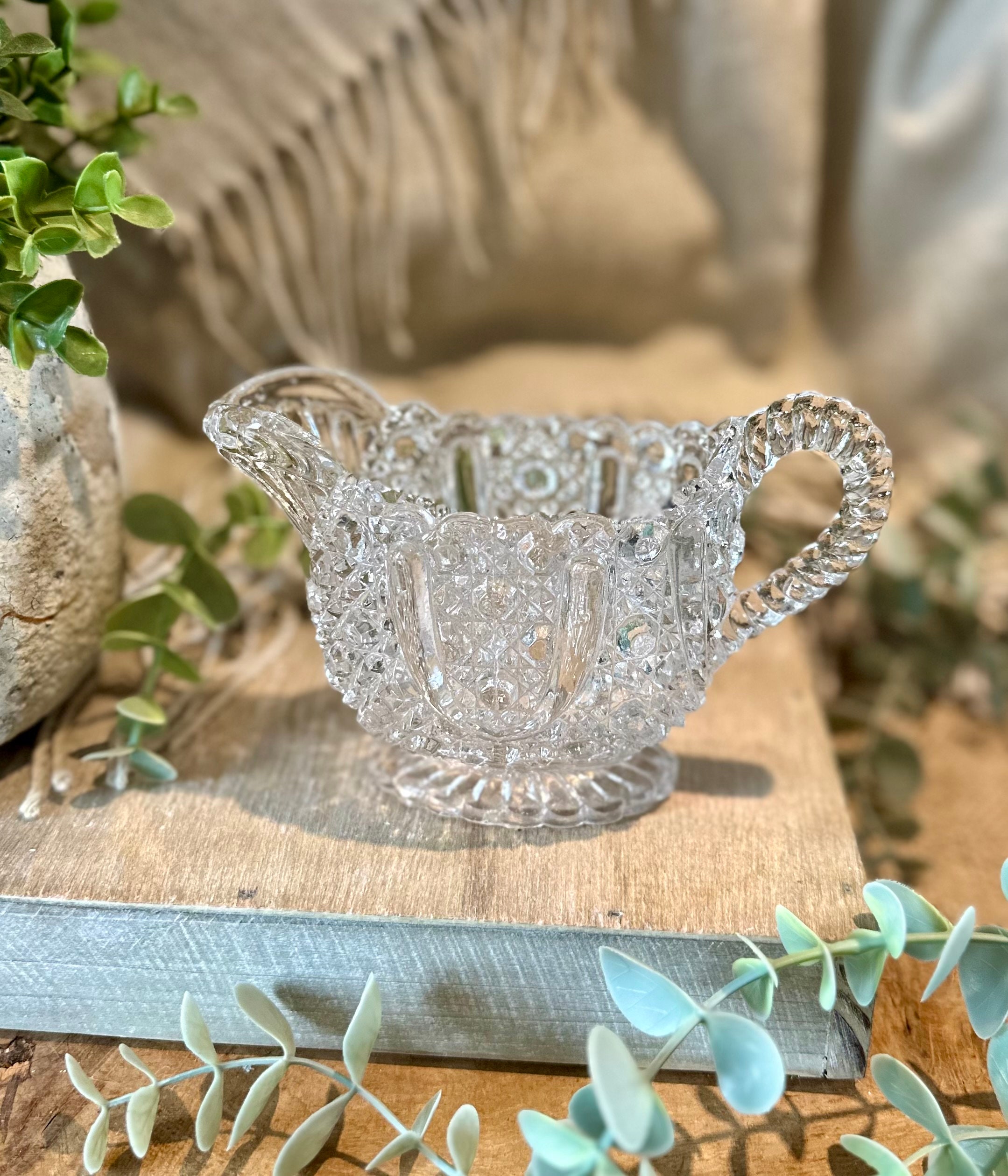 Antique Victorian clear glass hobnail jug late c19th Edward Moore glass jug, very decorative with rope effect handle. Excellent Condition.