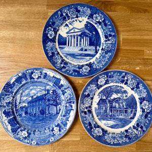 May include: Three blue and white decorative plates with floral and architectural designs. Each plate features a different building, including one with the text "The Rotunda University of Virginia Charlottesville VA".