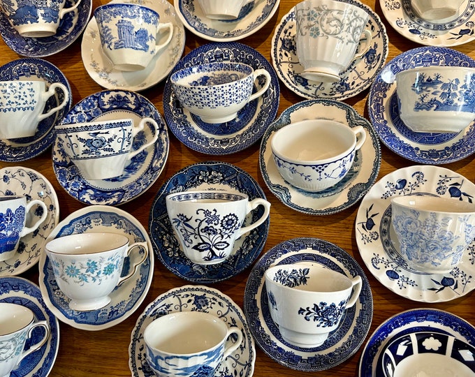 Mismatched Blue and White Vintage Tea Cups and Saucers, Mix and Match Sets