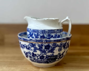 ANTIQUE Burmah Design Milk Jug / Creamer & Sugar Bowl l Blue, White and Gold Gild l Bone China