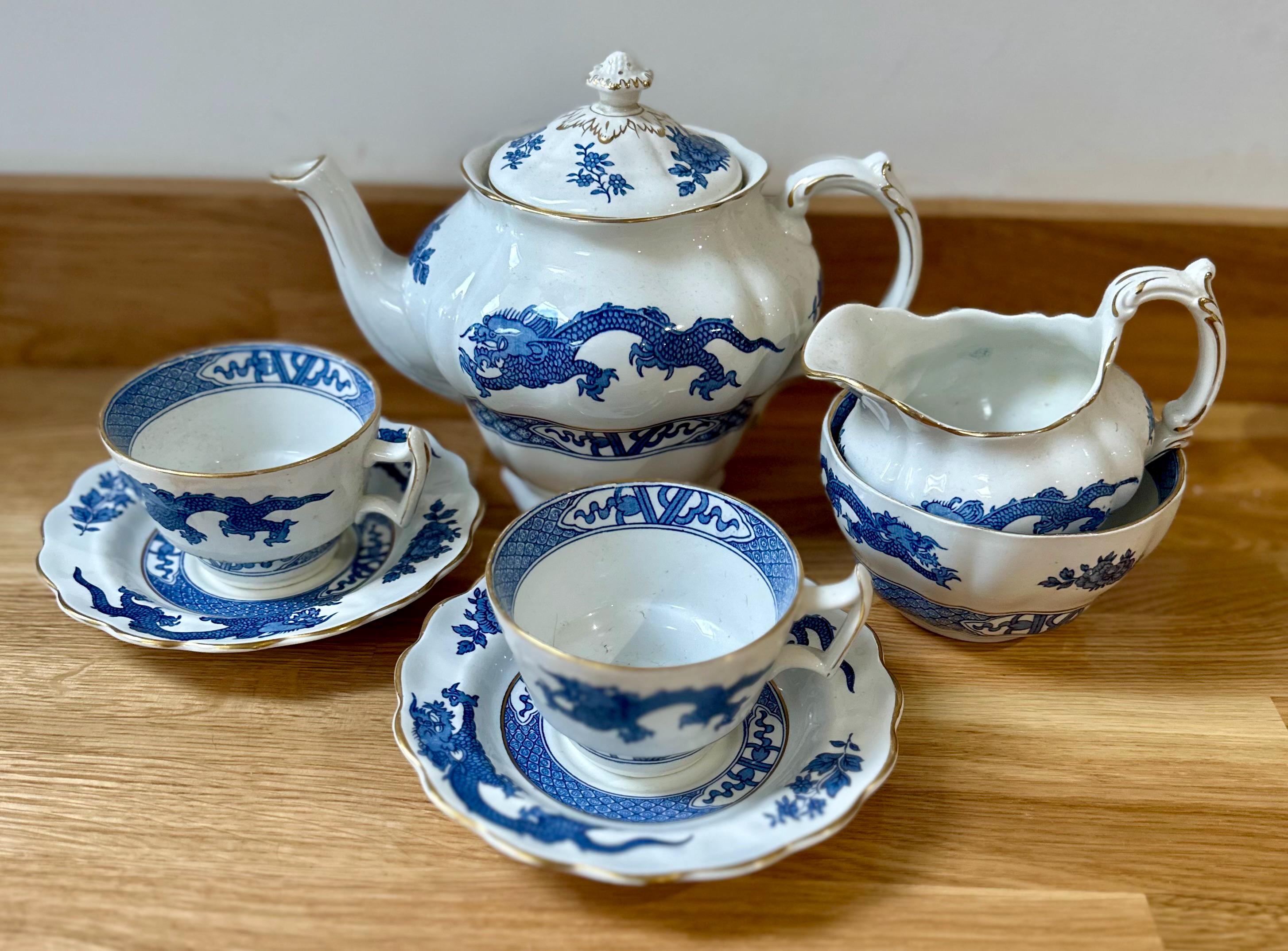 BOOTHS DRAGON TEAPOT, Creamer, Sugar Bowl, Teacups and Saucers L Blue ...