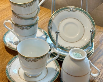 VINTAGE GLENABBEY RC Noritake Porcelain Espresso Cups and Saucers Set l Sea Green Banding l Fine Bone China l Demitasse l Price for Set