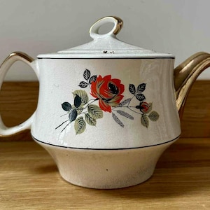 Vintage Gibsons Tekanna, Röd Ros Blommig, Staffordshire Engelsk Tekanna