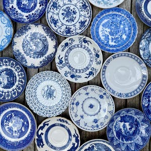 Può includere: Una collezione di vari piattini e piccoli piatti in ceramica con diversi motivi di trasferimento blu e bianchi, inclusi motivi floreali, scene paesaggistiche e bordi geometrici disposti in una composizione piatta.