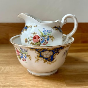 TUSCAN Vintage l Milk Jug / Creamer & Sugar Bowl  l &quot;Windsor&quot; and features blue and floral designs l Bone China