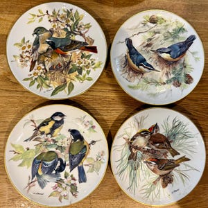 May include: Four decorative plates with gold rims, each featuring a different detailed painting of birds in their natural habitat. The birds are depicted with vibrant colours and are surrounded by foliage.