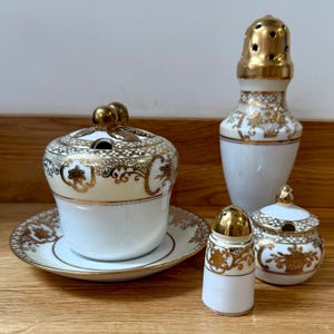 NORITAKE Gold Flower Basket l Vintage Sugar shaker, pepper pot, mustard pot & jam pot l Fine Bone China l Gold Rim l 1950s l Hand Painted l