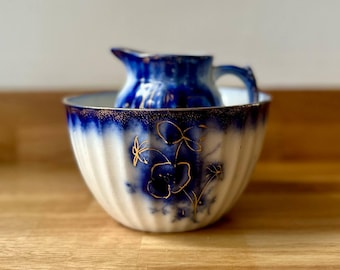 ANTIQUE Edwardian Milk Jug / Creamer & Sugar Bowl l Blue, White and Gold Gild l Bone China
