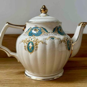 Vintage Sadler Rose Garden Tekanna, Handmålad Blommig Cameo, Gulddetaljer