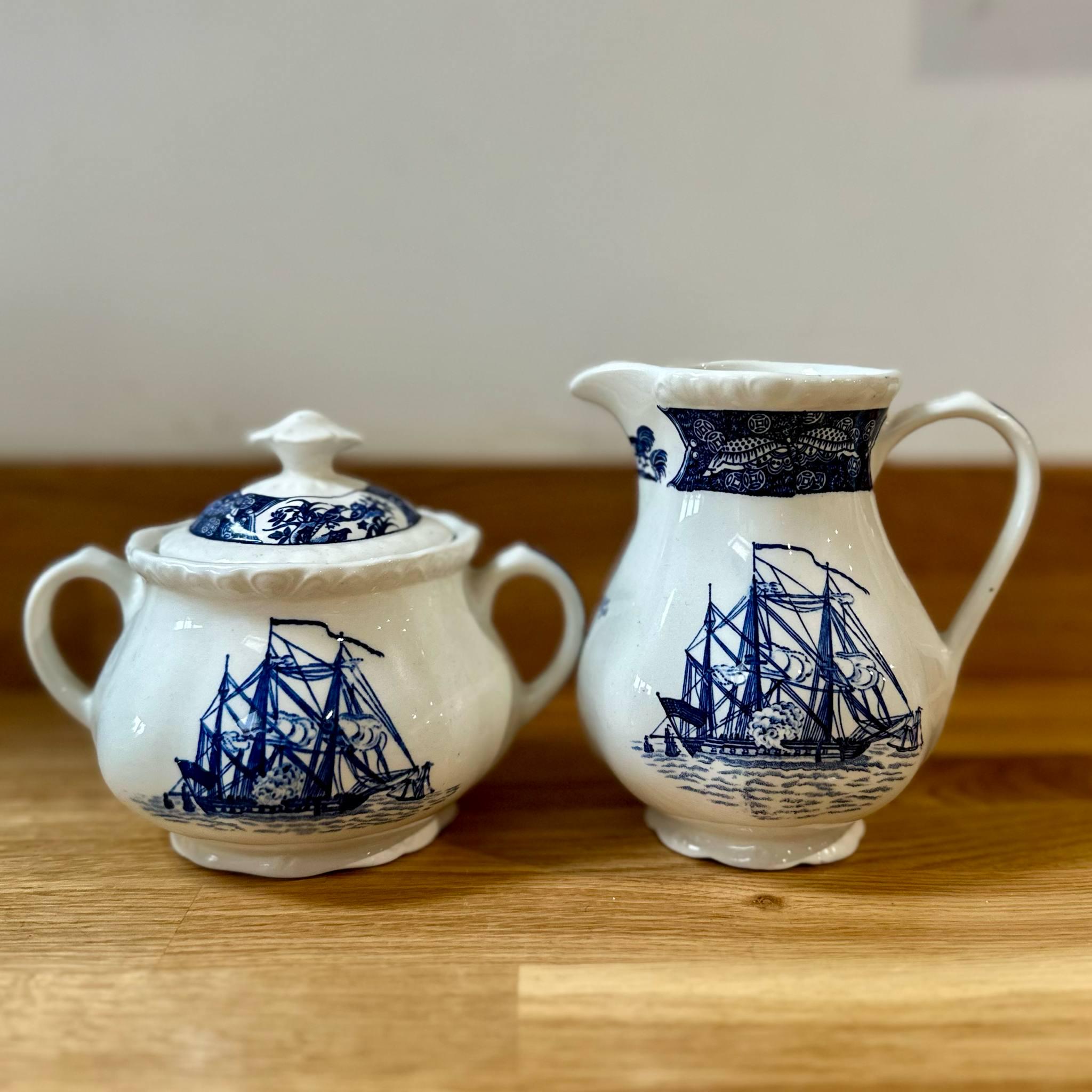 WEDGWOOD FRIENDSHIP Salem l Blue and White l Limited Edition Sailing Ship Collector's Creamer / Milk Jug & Sugar Bowl l English lronstone l