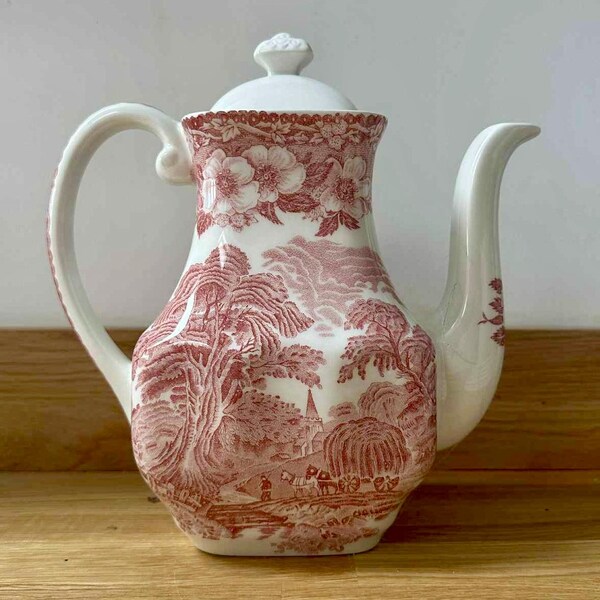 WEDGWOOD Woodland Vintage Chocolate / Coffee Pot l Enoch Wedgwood Tunstall English l Antique Lidded Coffee/Tea Pot l Red and Off White