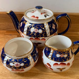 Vintage Sadler Imari teservis – engelsk tekanna, mjölkkanna och sockerskål