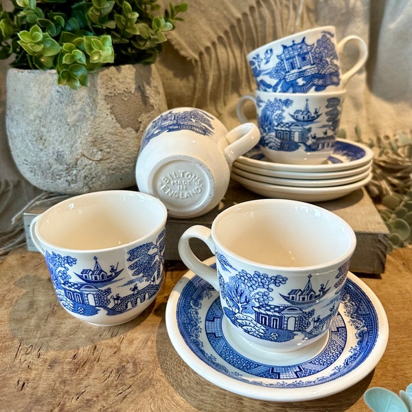 Vintage sets of Biltons Ltd Blue and White, Willow Pattern, Tea Cups and Saucers, Staffordshire, England 1930’s