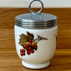 ROYAL WORCESTER Vintage Egg Coddlers l Fine Porcelain l King Size 2 Egg Coddler l Evesham Peach Red Current Pattern l Silver Screw Top l