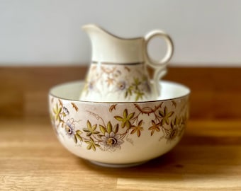 Jarra de leche / cremera y azucarero eduardianos antiguos l trepador floral y dorado l Porcelana china