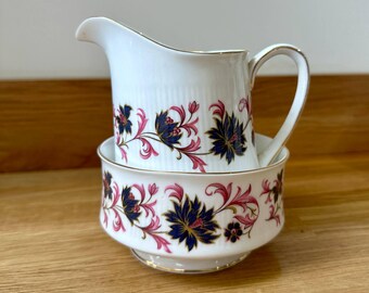 PARAGON MICHELLE VINTAGE Milk Jug / Creamer and Sugar Bowl l Dark Blue and Bright Pink l Bone China