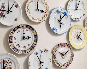 Vintage Ceramic Plate Clock – Repurposed Shabby Chic Decor (6"-7.5" dia)