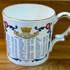 Op de afbeelding: Witte keramische mok met een gouden rand en oor, met een lijst van Engelse koningen en koninginnen. De mok heeft een decoratief ontwerp met bloem- en krulmotieven in blauw en rood. De tekst "ENGLANDS KINGS AND QUEENS" is afgebeeld.