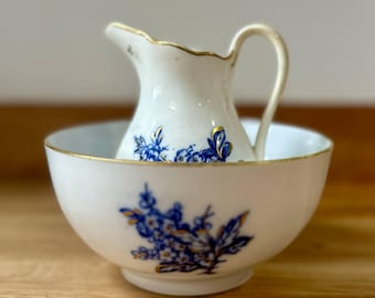 ANTIQUE Edwardian Milk Jug / Creamer & Sugar Bowl l Blue, White and Gold Gild l Bone China