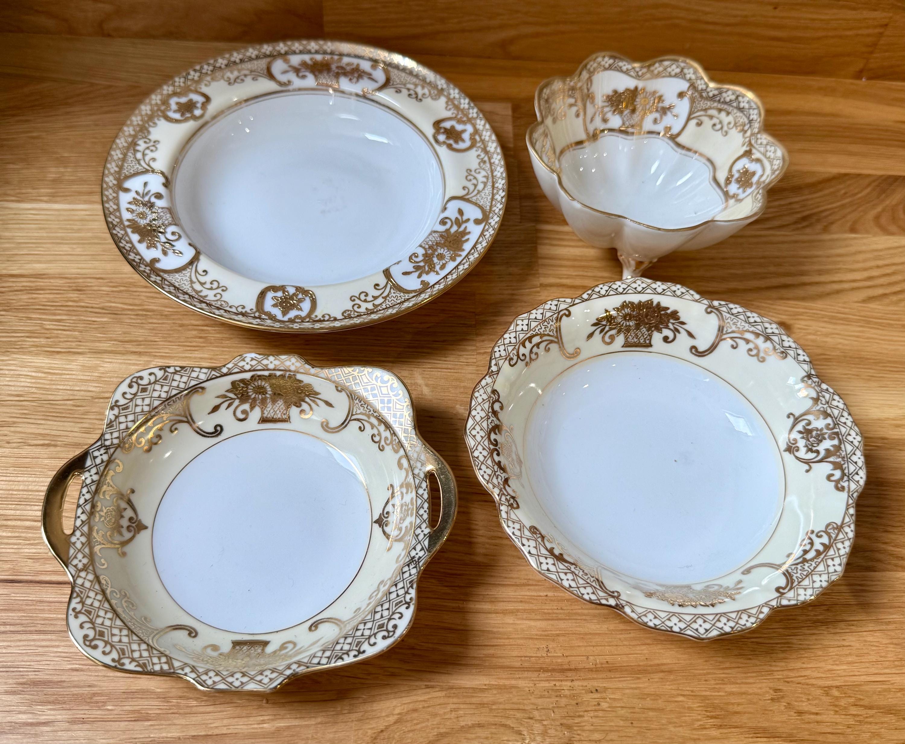Noritake Bone China 皿 花柄　直径23センチ7枚 Vintage Noritake Fine Bone China Bowls, Gold Flower Basket Design