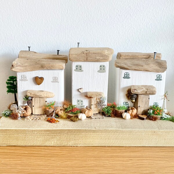 Row of 3 cottages  with driftwood roofs-wooden houses-Mum gift-Grandma gift-handmade miniature houses.