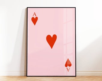 Pink Ace of Hearts Print Poster, Playing Card Print, Deck of Cards Print, Fashion Eclectic Print, Love Heart Print, Bedroom, 5x7 A5 A4 A3 A2