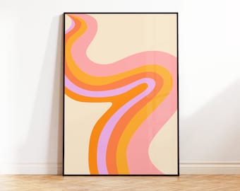 Retro Wave Art Print, Pink Colourful Abstract Poster, Groovy 70's Wall Art, Y2K Wavy Print, Gallery Wall, Living Room, Bedroom, 5x7 A4 A3 A2