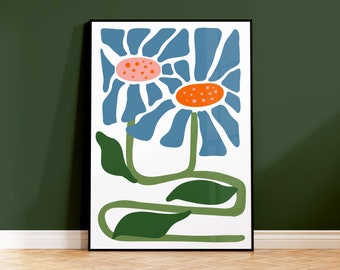 Blue Scandinavian Flowers Print, Modern Floral Art Poster, Minimal Art, Botanical Prints, Living Room, Kitchen, Hallway, A5 A4 A3 12x16 A2