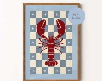 Lobster Art Print, Blue Lobster Illustration, Kitchen Wall Art, Whimsical Animal Print, Food Print, Nursery Decor, DIGITAL DOWNLOAD