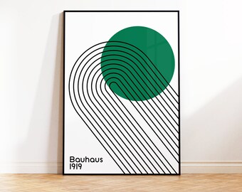 Green Mid Century Bauhaus Poster, Retro Bauhaus Art Print, Line Art Print, Geometric Poster, Minimal Bauhaus Wall Art, 5x7 A5 A4 A3 A2 50x70