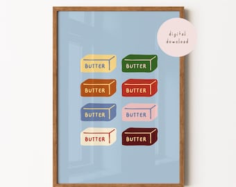 Butter Sticks Print, Colourful Food Poster, Illustrative Kitchen Print, Cafe, Breakfast, Dining Room, Kitchen Wall Art, DIGITAL DOWNLOAD