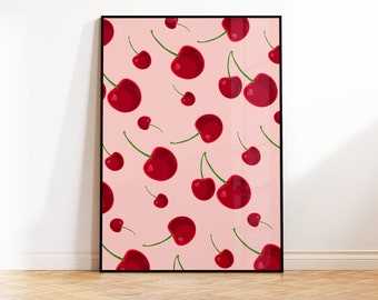 Cherry Wall Art, Pink Red Cherries Print, Fruit Illustration, Kitchen, Dining Room Print, Colourful Wall Print, y2k, Trendy, 5x7 A5 A4 A3 A2