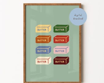Butter Sticks Kitchen Print, Green Cafe Breakfast Art, Colourful Kitchen Art, Illustrated Kitchen Decor, Retro Food Print,  DIGITAL DOWNLOAD