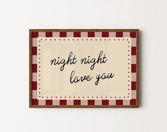 Impression de nuit, nuit d'amour, art mural citation de chambre d'enfant, affiche en damier, bordeaux et rose, décoration de chambre d'enfant, sans cadre