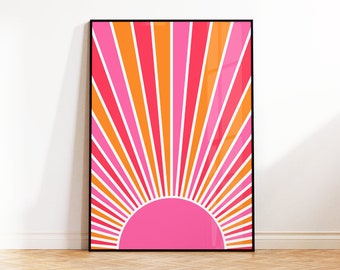 Sun Print Colourful Wall Art, Sunburst Retro Art Print, Fun Mid-Century Poster, Nursery, Kids Room, Living Room Art, 5x7 8x10 A5 A4 A3 A2 A1