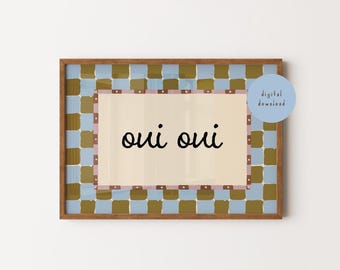 Impression d'art Oui Oui, impression damier bleu ocre vintage, affiche de typographie française, art mural salle de bain rétro, impression drôle, téléchargement numérique