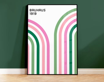 Retro Bauhaus Print, Mid Century Modern Art, Green Pink Geometric Wall Art, Modern Art, Exhibition Poster, Minimalist, 5x7 A5 A4 A3 A2 A1