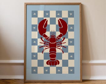 Impression d'art homard, illustration de homard en damier bleu, art mural cuisine, imprimé animal fantaisiste, impression d'aliments, décoration de chambre d'enfant, sans cadre