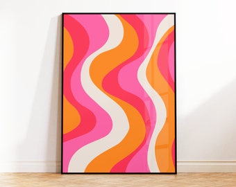 Wavy Abstract Print, Retro Orange Pink Poster, Y2K Colourful Abstract Wall Art, Mid Century Decor, Living Room, Kids Room, 5x7 A5 A4 A3 A2