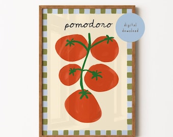Tomato Kitchen Art Print, Pomodoro Tomatoes Illustration, Italian Food Kitchen Art, Dining Room Decor , Summer, DIGITAL DOWNLOAD