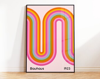 Pink Mid Century Bauhaus Poster, Bauhaus Wavy Art Print, Geometric Poster, Minimal Bauhaus Wall Art, Retro, Office, Hallway, 5x7 A5 A4 A3 A2