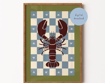 Green Lobster Art Print, Lobster Kitchen Poster, Seafood Wall Art, Bathroom Print, Coastal Wall Art, Dining Room Art, DIGITAL DOWNLOAD