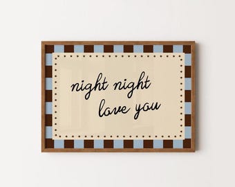 Impression de nuit, nuit d'amour, art mural pour chambre d'enfant à carreaux marron et bleu, décoration de chambre d'enfant vintage, décoration de base de cottage, sans cadre