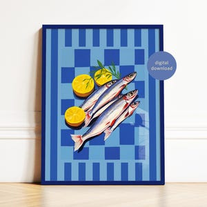 Printable Sardines Wall Art, Maximalist Sardines Food Print, Kitchen Print, Fish Seafood, Checker Wall Art, Dining Room, DIGITAL DOWNLOAD