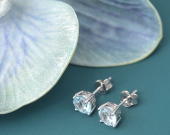 Aquamarine earrings studs, round 7 mm, real gemstones sterling silver 925, birthstone gift