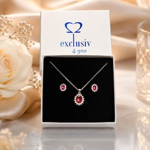 Schmuckset mit roten Rubin | Anhänger, Kette und Ohrringen in royalen Vintage Look | Sterlingsilber925 | Frauen Geschenk mit Verpackung