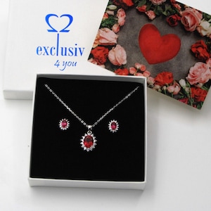 Rubin Silberschmuckset  | Viktorianisches Set aus Anhänger mit Kette und Ohrringe mit rotem Rubin Stein | Edles Vintage Geschenk für Frauen