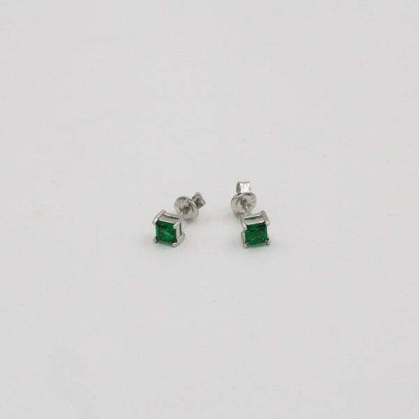 Emerald Earrings Studs | May birthstone zodiac sign Taurus minimalist square sterling silver 925 | Women's birthday gift