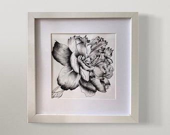 Originele inkttekening van een pioenroos, ingelijste wanddecoratie, zwart-wit botanische kunst, 26 x 26 cm